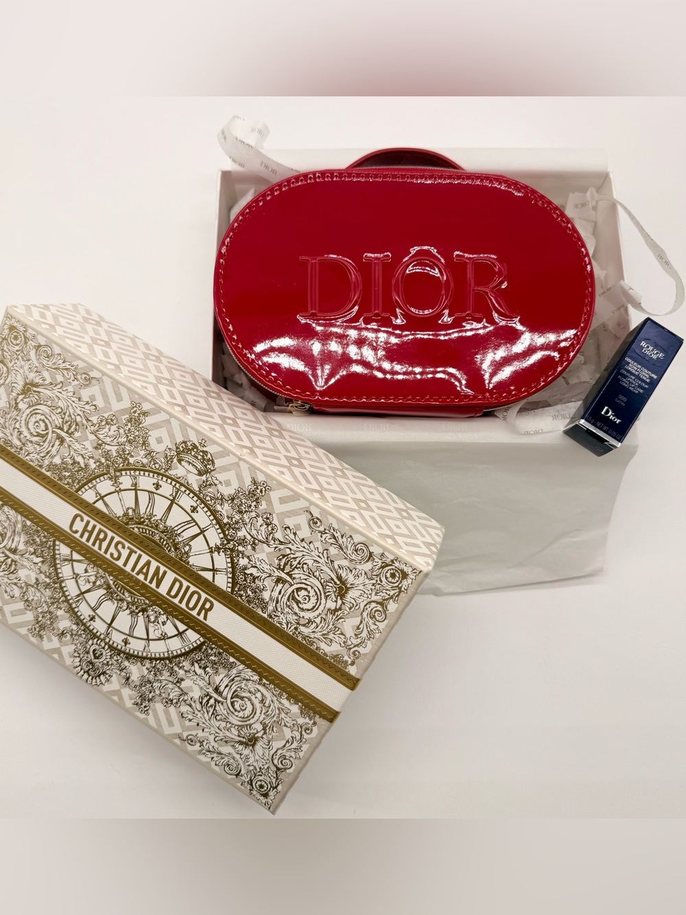 CHRISTIAN DIOR Red Patent Leather Makeup Pouch Mini Dior Rouge Gift Bundle NEW